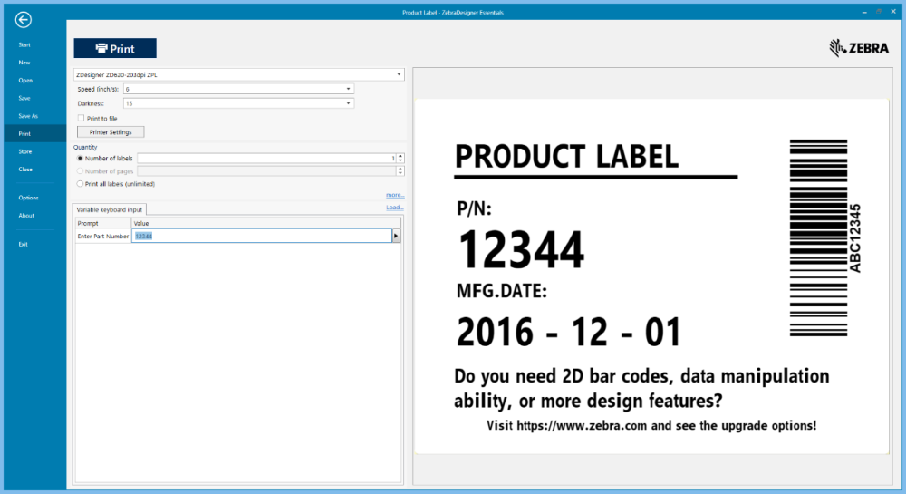 Skjermbilde av ZebraDesigner Essentials programvare med et produktetikettutkast for utskrift.